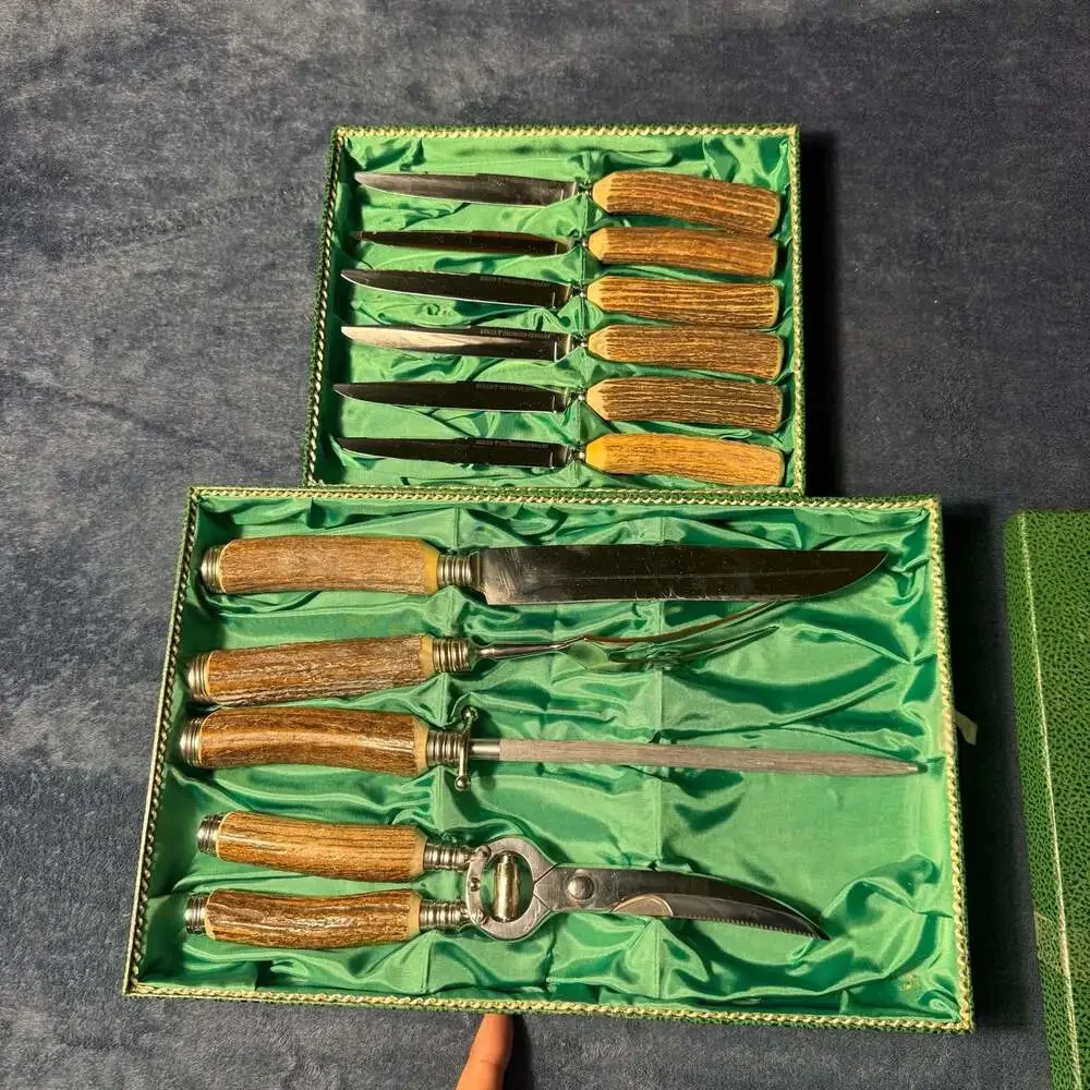 Vintage Boker Solingen Germany Stag Handle 11-Piece Carving and Steak Knife Set